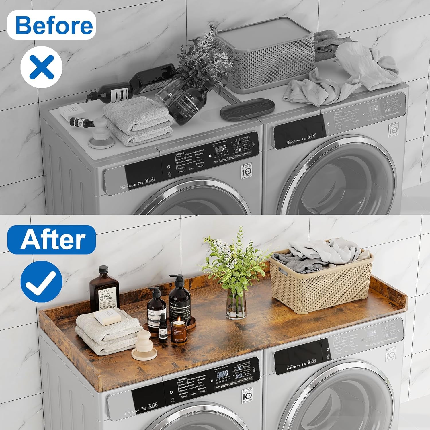 Washer Dryer Countertop, Wood Countertop with Edge Rails for Laundry Room Organization and Storage, Washer Dryer Topper for Laundry Room, 27.5" X 54" Rustic Brown