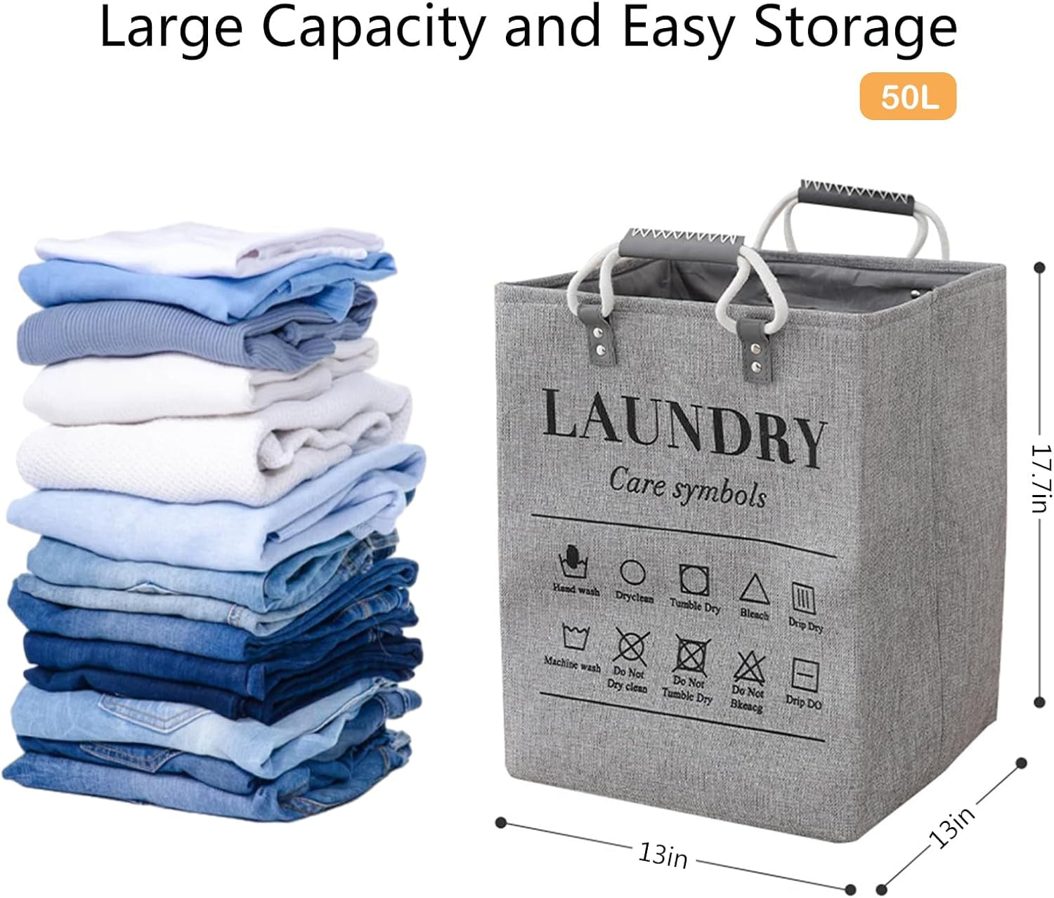 Small Laundry Basket, 50L Foldable Laundry Hamper Organizer with Handles, Fashion Portable Laundry Basket in Bedroom, Laundry Room, Closet, Bathroom, College Dorm (Beige)