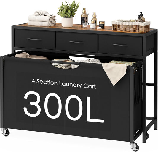 Laundry Sorter, Rolling Laundry Hamper with 4 Section Pull-Out Bags, 300L Large Laundry Basket Organizer with 3 Drawers, Laundry Hamper with Wheels for Laundry Room Organization, Bathroom, Bedroom