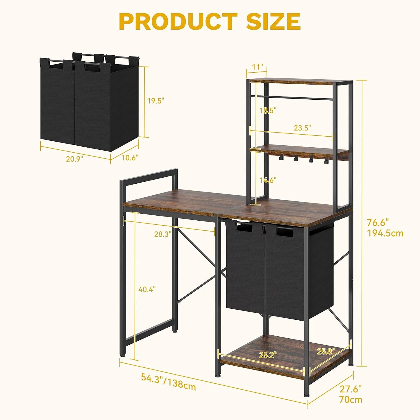 over Washer and Dryer Shelves, Laundry Room Organization with Removable Pull-Out Hamper, Hanging Rods, Metal Hooks, Heavy-Duty Laundry Countertop with Non-Tipping Kits, Retro Color