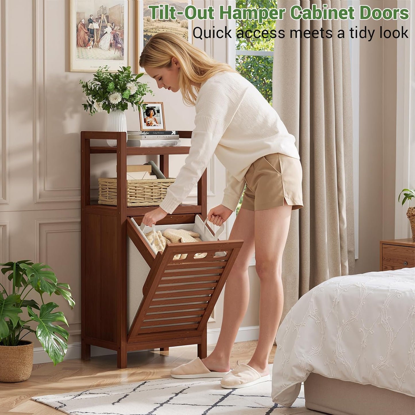 Tilt Out Laundry Hamper, 10 Gal Bamboo Laundry Storage Cabinet with Removable Basket, Hidden Hamper Organizer with Shelf for Dirty Clothes, Bathroom, Laundry Room, Space Saving, Walnut