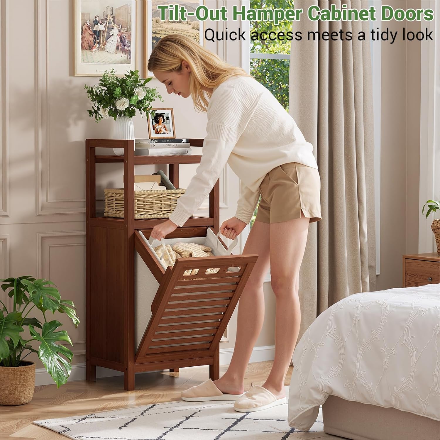 Tilt Out Laundry Hamper, 10 Gal Bamboo Laundry Storage Cabinet with Removable Basket, Hidden Hamper Organizer with Shelf for Dirty Clothes, Bathroom, Laundry Room, Space Saving, Walnut