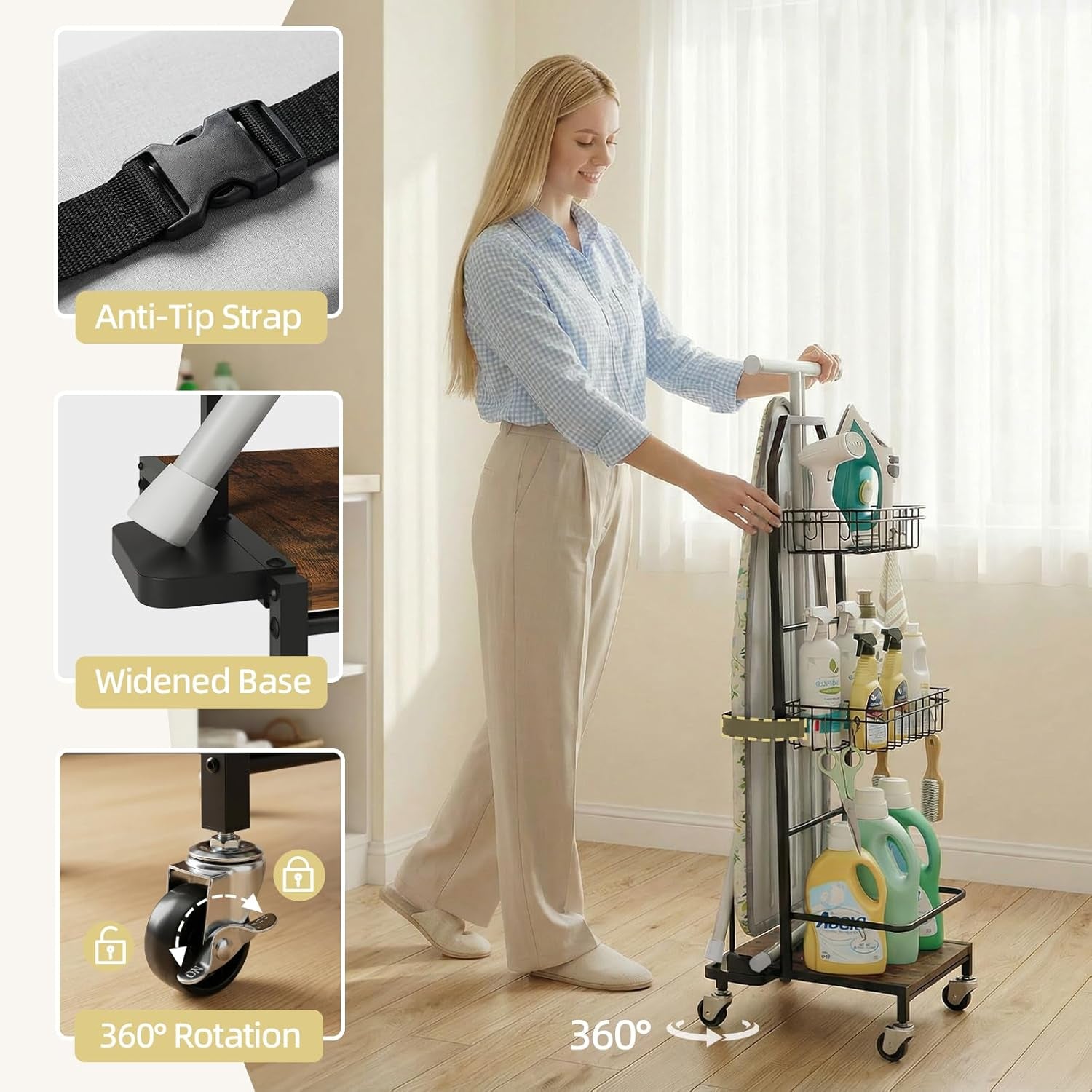 Ironing Board Holder Cart for Small & Narrow Laundry Rooms, Freestanding Iron & Ironing Board Storage Rack for T & X Boards with 3-Tier Shelves, Rolling Metal Wheels, Hooks, No Wall Mount