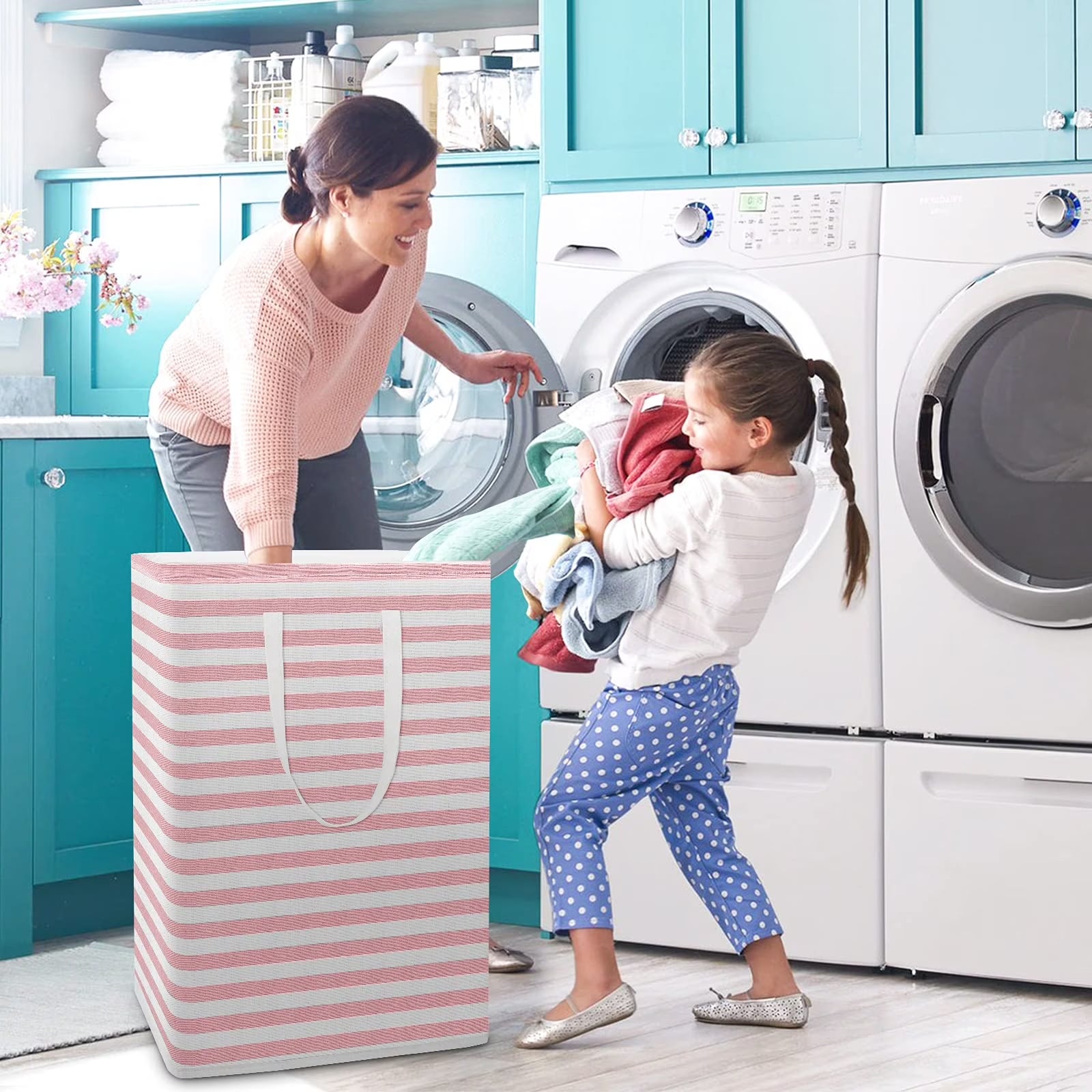 3Pcs 75L Laundry Basket, Laundry Hamper, Collapsible Laundry Baskets, Laundry Bags, Waterproof with Foam Protected Aluminum Handles, White & Pink