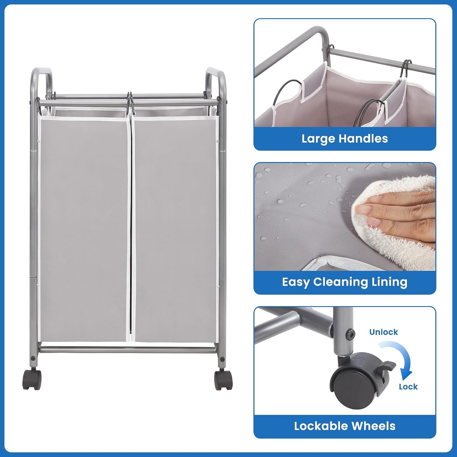 Laundry Sorter 3 Section plus 2 Section, Laundry Hamper with Rolling Wheels, Laundry Basket Sorter, Laundry Separator Hamper, Laundry Divider Hamper with Removable Bags