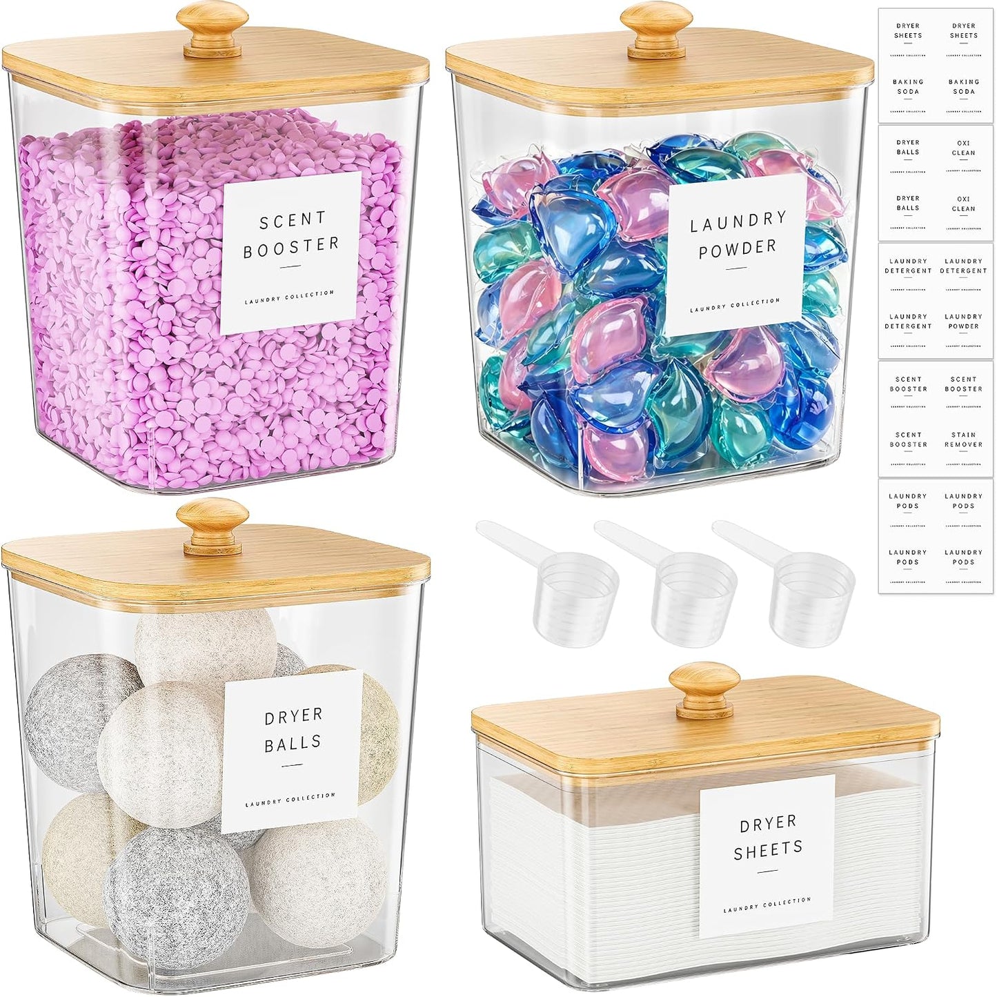 3+1 Pack Bamboo Laundry Pods Container, Clear Laundry Room Organization Containers,Large Laundry Detergent Powder Storage Containers Lids & Labels, Acrylic Laundry Pods Holder for Scent Booster