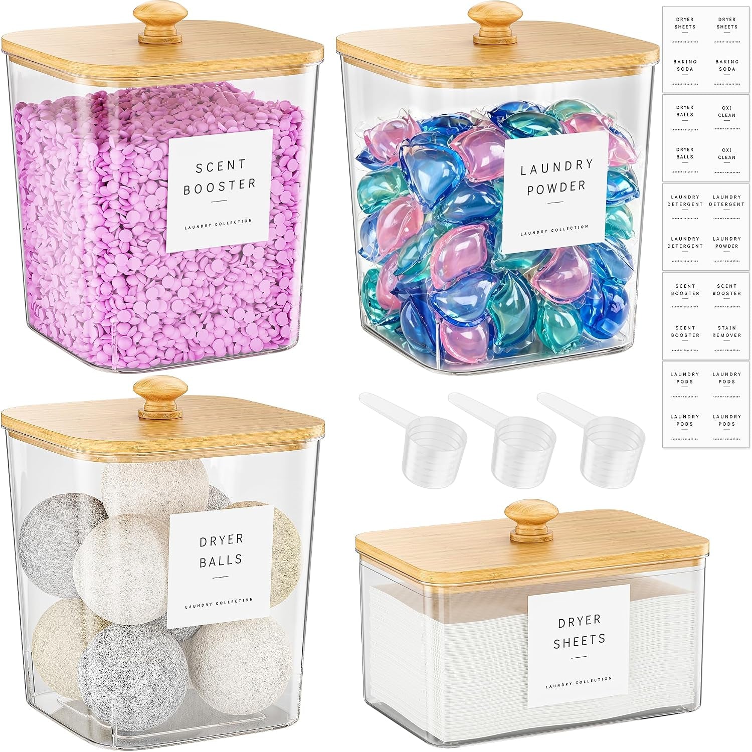 3+1 Pack Bamboo Laundry Pods Container, Clear Laundry Room Organization Containers,Large Laundry Detergent Powder Storage Containers Lids & Labels, Acrylic Laundry Pods Holder for Scent Booster
