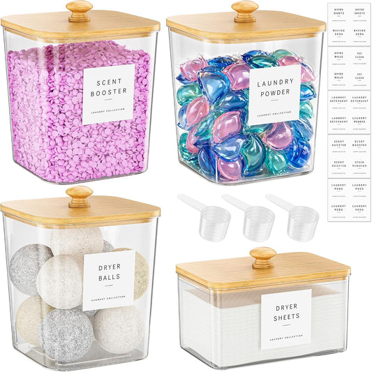 3+1 Pack Bamboo Laundry Pods Container, Clear Laundry Room Organization Containers,Large Laundry Detergent Powder Storage Containers Lids & Labels, Acrylic Laundry Pods Holder for Scent Booster