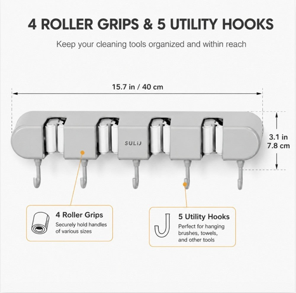 Wall Mounted Broom Mop Holder Organizer Rack 4 Slots 5 Hooks Garage Storage