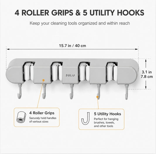 Wall Mounted Broom Mop Holder Organizer Rack 4 Slots 5 Hooks Garage Storage