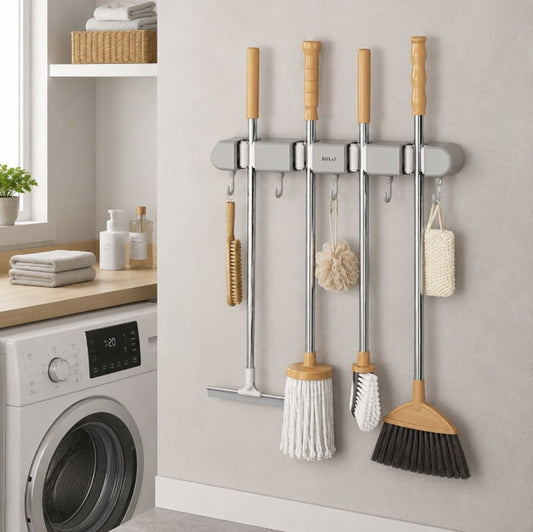 Wall Mounted Broom Mop Holder Organizer Rack 4 Slots 5 Hooks Garage Storage