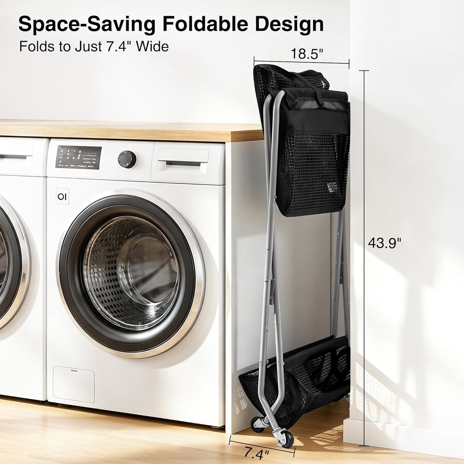 2-Tier Foldable Laundry Cart with Wheels, 75L Tall Rolling Laundry Hamper, Collapsible Laundry Basket with Removable Bag, Rust-Resistant Steel Frame for Laundry Room, Bathroom, Dorm, Black