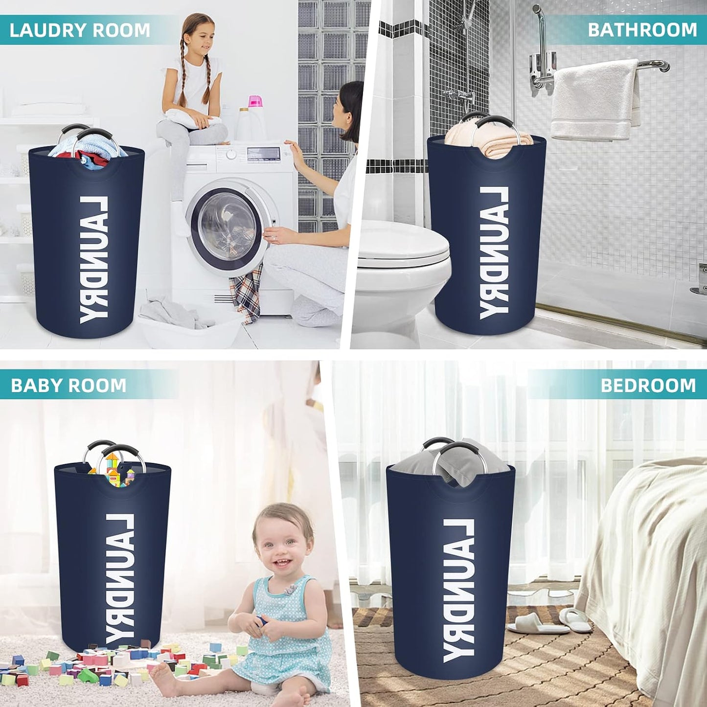 90L Large Laundry Basket, Laundry Hamper, Dirty Clothes Hamper for Laundry, Collapsible, Waterproof Laundry Baskets with Foam Protected Aluminum Handles for Laundry, Dorm, Family (Blue)