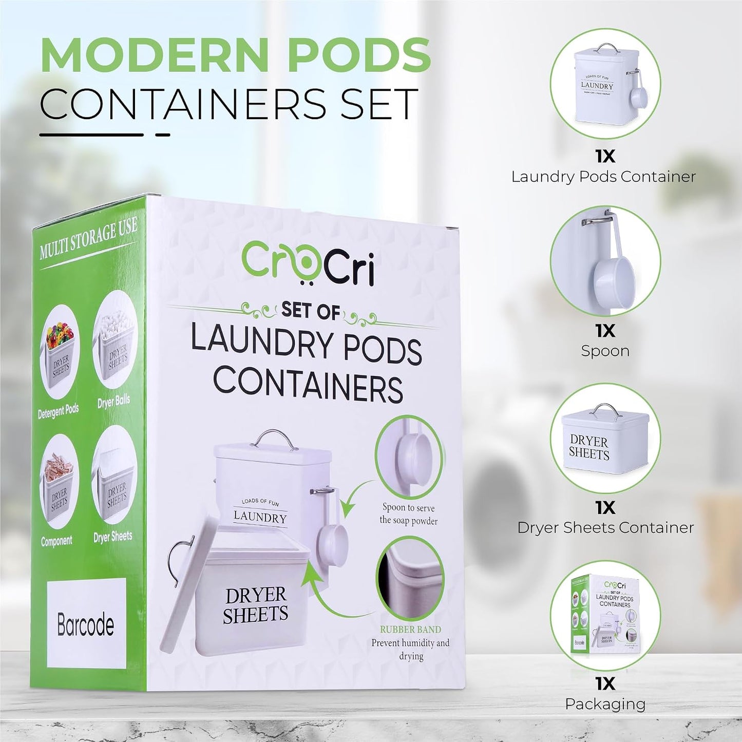 Metal Laundry Detergent Container Set for Powder, Pods and Dryer Sheets, 2 Galvanized Canisters with Scoop, Airtight Silicone Gasket Lids, 10 Lb Capacity, White