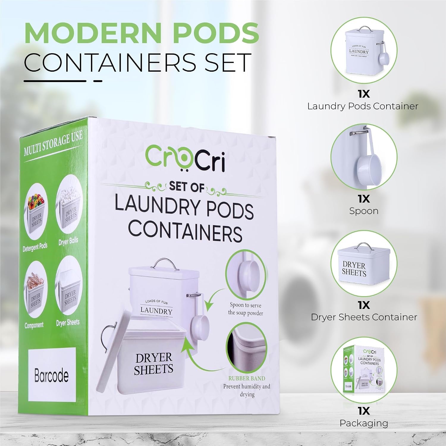 Metal Laundry Detergent Container Set for Powder, Pods and Dryer Sheets, 2 Galvanized Canisters with Scoop, Airtight Silicone Gasket Lids, 10 Lb Capacity, White
