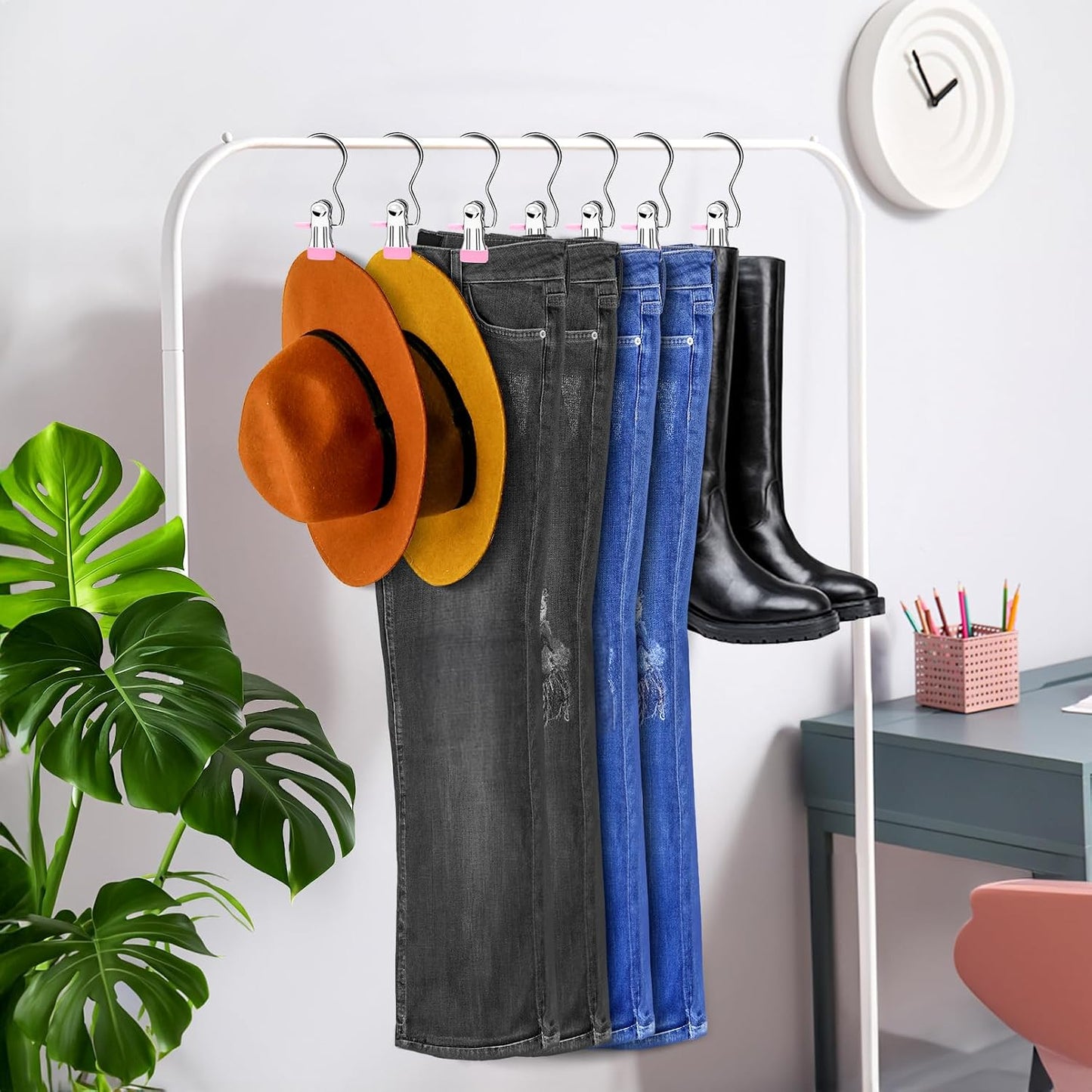 30 Pack Boot Hangers for Closet, Pink Laundry Hooks with Clips, 360° Swivel Stainless Steel Boot Hanger Clips, Portable Hangers Single Clip, Space Saving Boots Clip for Hanging Shirts Pants