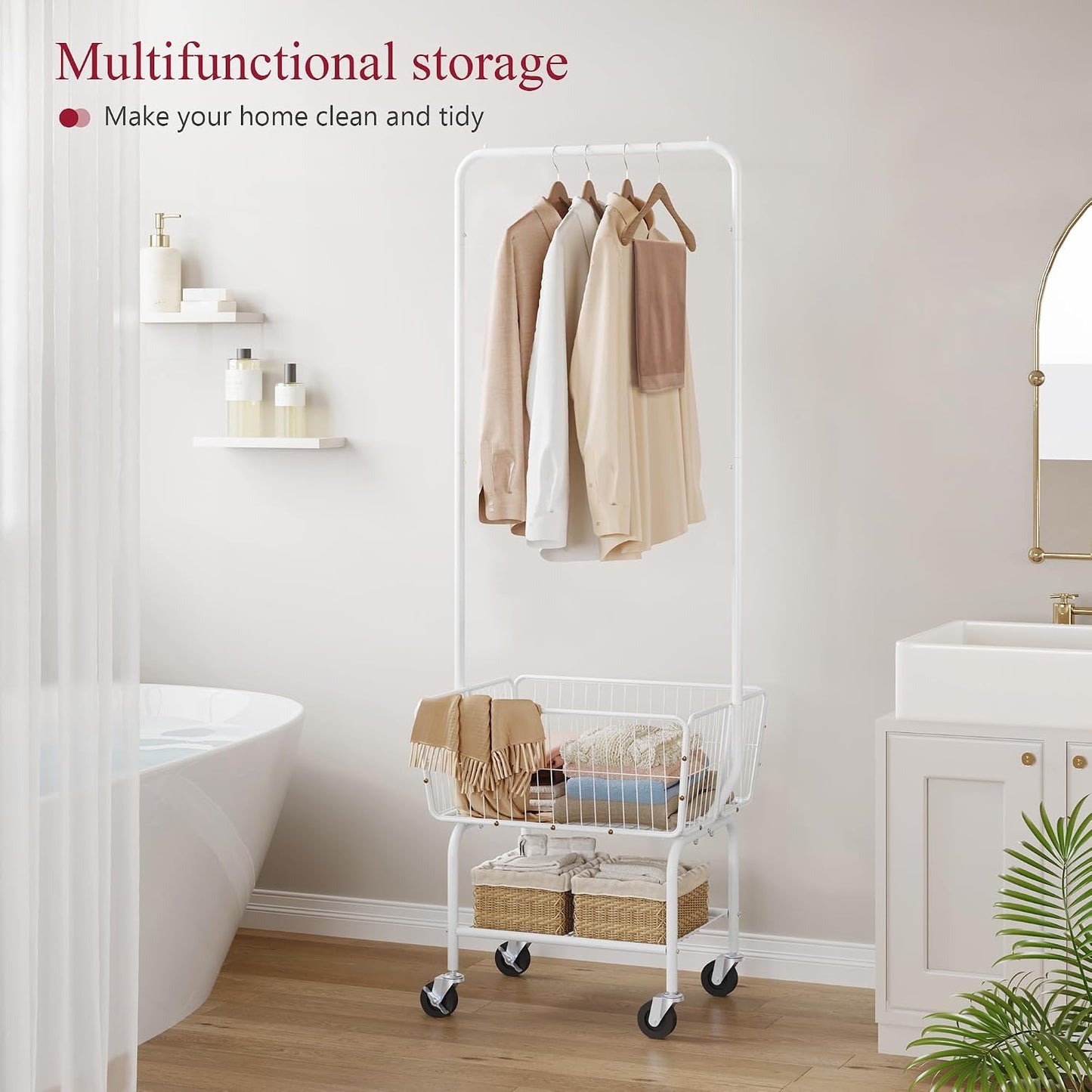 Laundry Cart with Hanging Rack, Metal Laundry Basket with Wheels, Laundry Hamper with Storage Basket and Shelf, Rolling Laundry Cart with Wheels, White