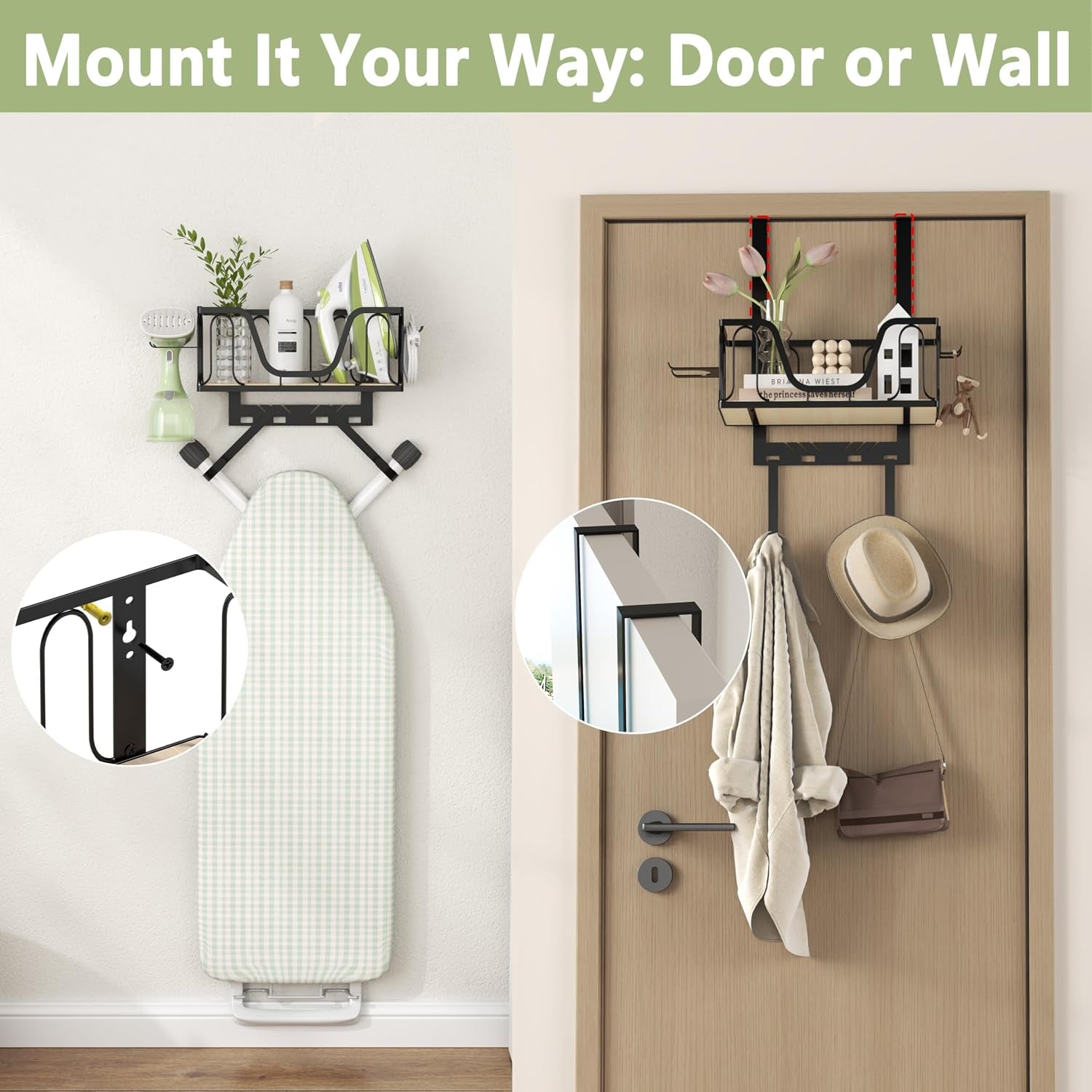 Ironing Board Hanger, 2 in 1 Wall-Mount & over the Door with High-Sided Basket and Side Hooks, Fits T and Y Shaped Legs, Space Saving Iron Holder for Laundry, Sewing Room Decor and Accessories,Black
