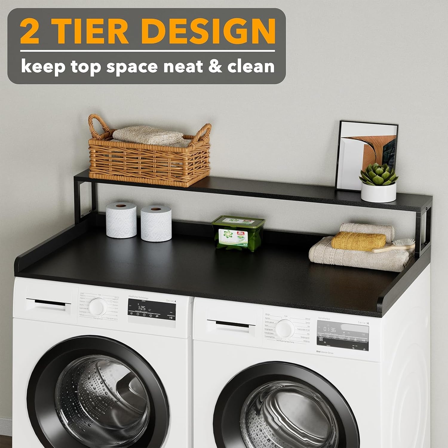 2-Tier Washer Dryer Countertop, Laundry Topper with Rack Shelf 54" Width X 27.5" Depth X 10" Height Organizer Cover for Washer and Dryer Laundry Hamper Counter Storage (Black)
