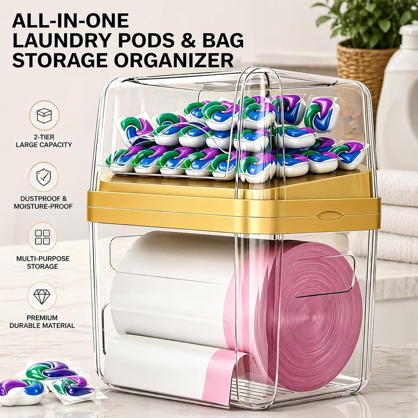 2-In-1 Trash Bag Dispenser & Laundry/Dishwasher Pods Container, Clear Acrylic Garbage Bag Holder with Removable Lids, under Sink Organizer Kitchen Pantry Storage Box