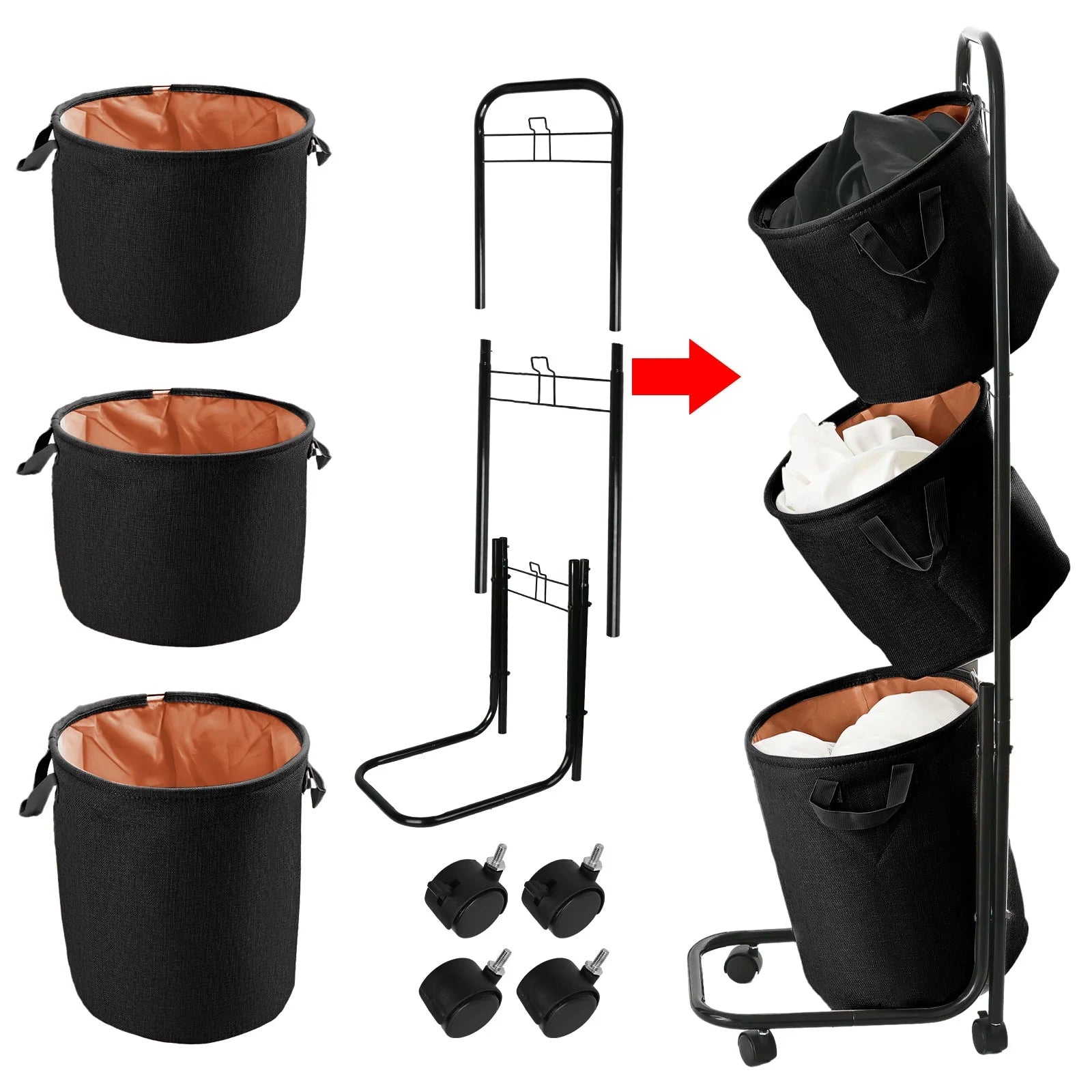 3-Tier Laundry Hamper Sorter, Laundry Storage Organizer with Wheels Movable Rolling Laundry Baskets Cart, Bathroom Cart Clothes Shelf,Laundry Butler for Bathroom Bedroom Laundry Room, Black