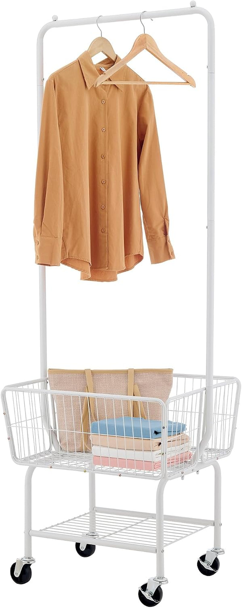 Laundry Cart with Hanging Rack, Metal Laundry Basket with Wheels, Laundry Hamper with Storage Basket and Shelf, Rolling Laundry Cart with Wheels, White