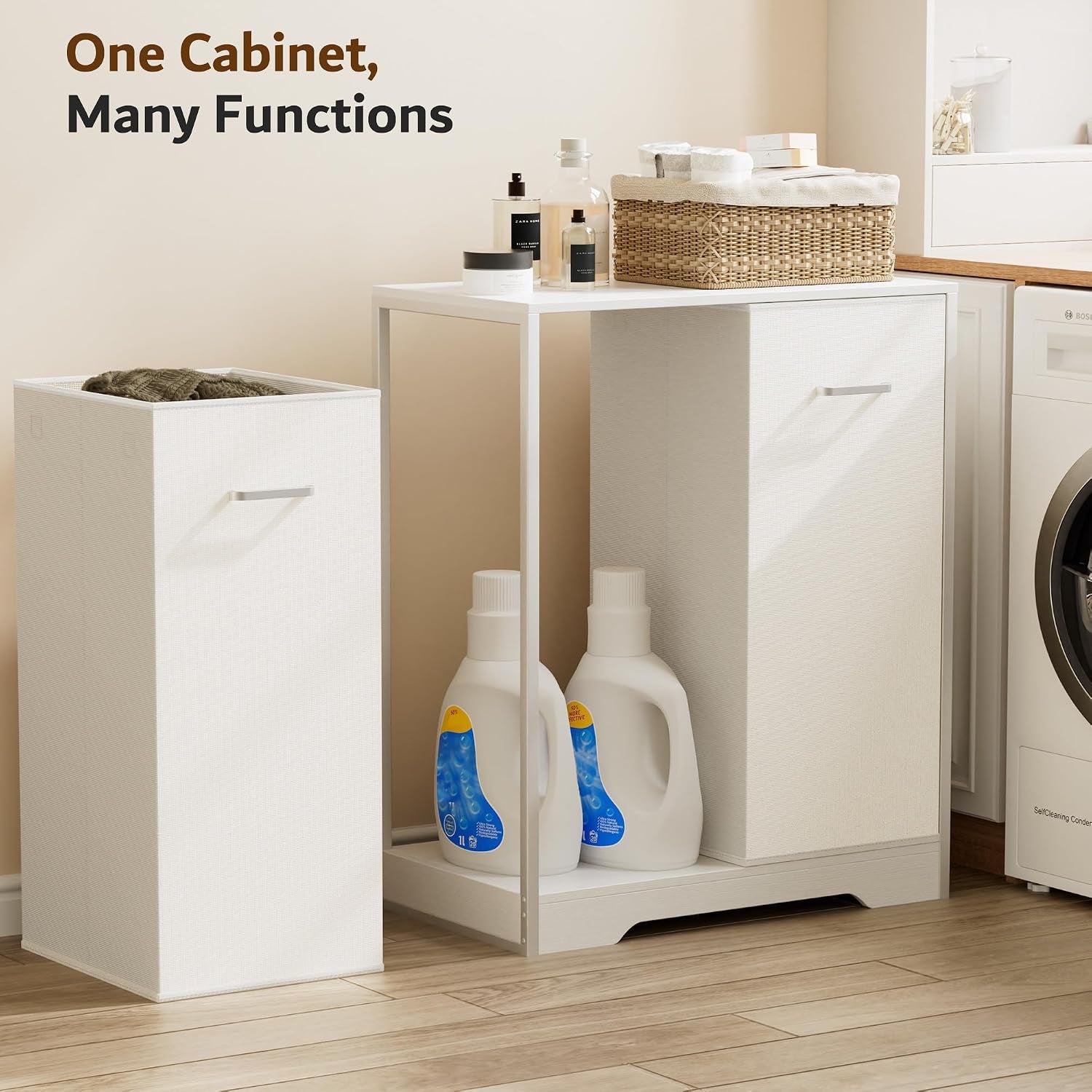 Double Pull-Out Laundry Hamper Cabinet; 120L Laundry Basket for Bathroom,Laundry Room; Laundry Sorter with 2 Pull-Out and Removable Bags