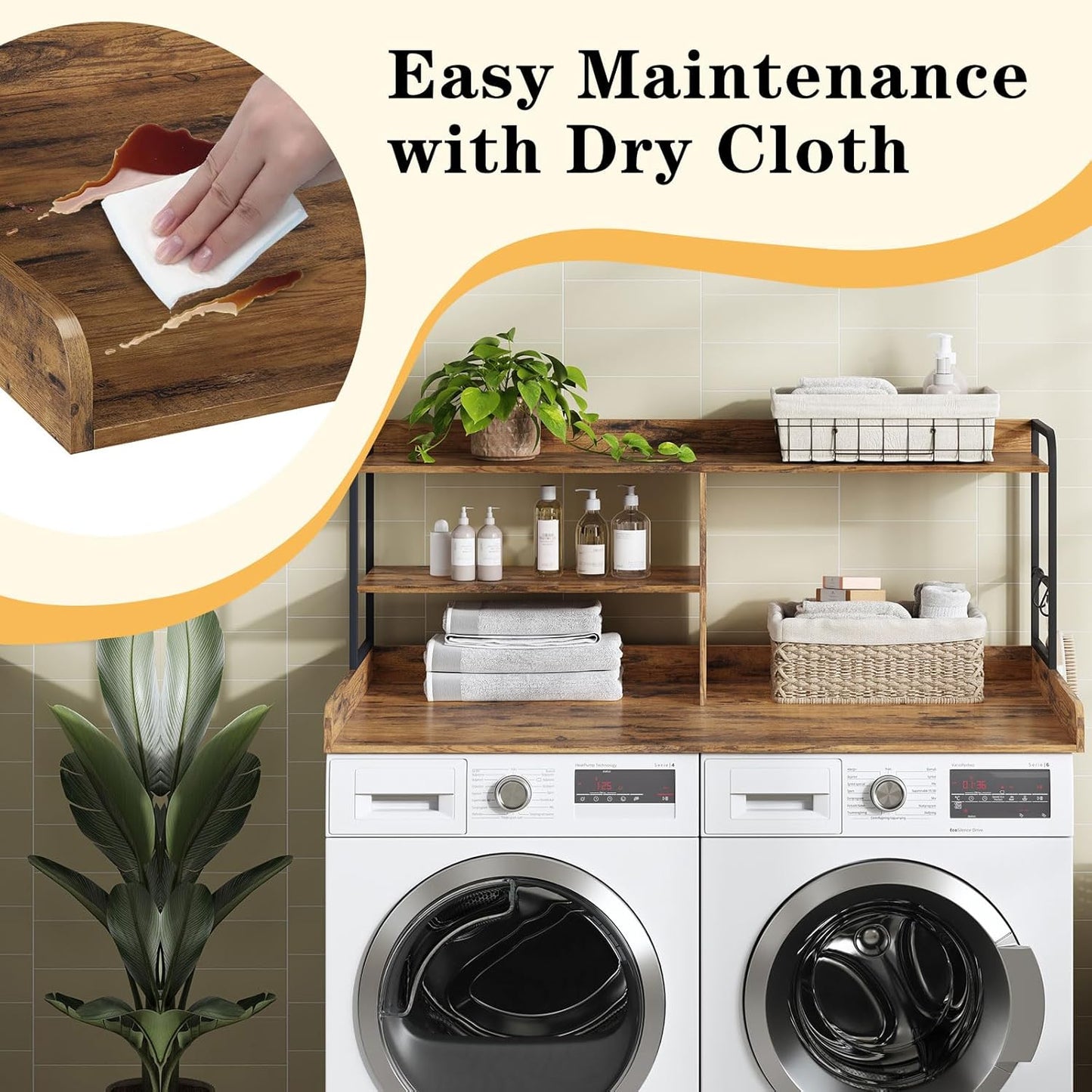 Washer and Dryer Countertop with Shelves, 54" X 27.56" 3 Tiers Large Laundry Topper with 2.95" Edge Rails, Laundry Room Storage and Organization with 2 Hooks and Non-Slip Pads