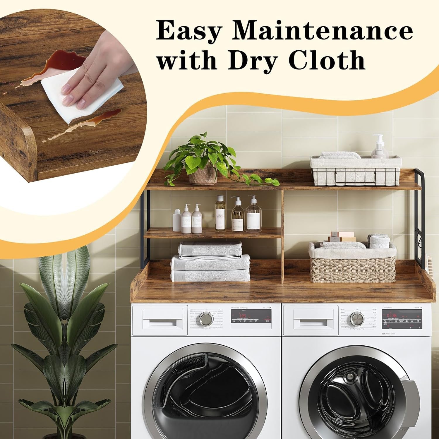 Washer and Dryer Countertop with Shelves, 54" X 27.56" 3 Tiers Large Laundry Topper with 2.95" Edge Rails, Laundry Room Storage and Organization with 2 Hooks and Non-Slip Pads