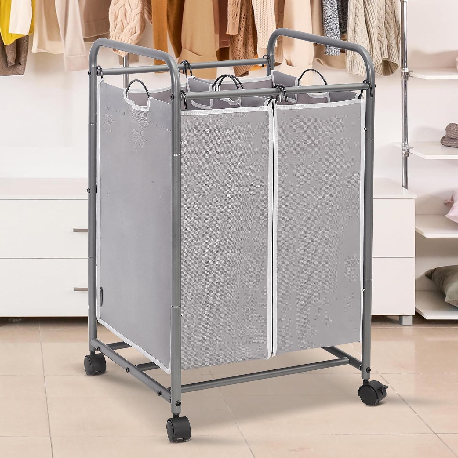 Laundry Sorter 3 Section plus 2 Section, Laundry Hamper with Rolling Wheels, Laundry Basket Sorter, Laundry Separator Hamper, Laundry Divider Hamper with Removable Bags