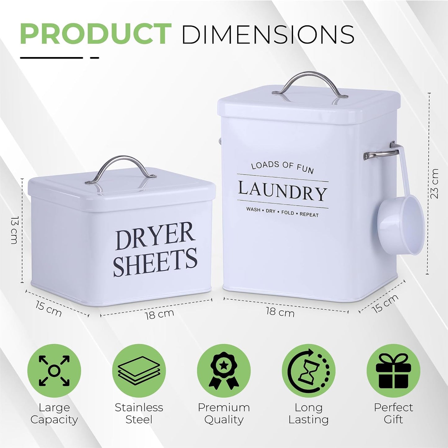 Metal Laundry Detergent Container Set for Powder, Pods and Dryer Sheets, 2 Galvanized Canisters with Scoop, Airtight Silicone Gasket Lids, 10 Lb Capacity, White