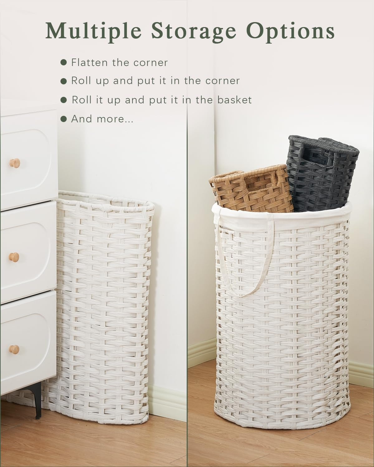 Large Laundry Hamper Laundry Basket round 34.3 Gal (130 L) Handwoven Wicker Laundry Baskets Rattan Laundry Basket with Laundry Bag Handles 2 Mesh Bags for Living Room Bedroom White