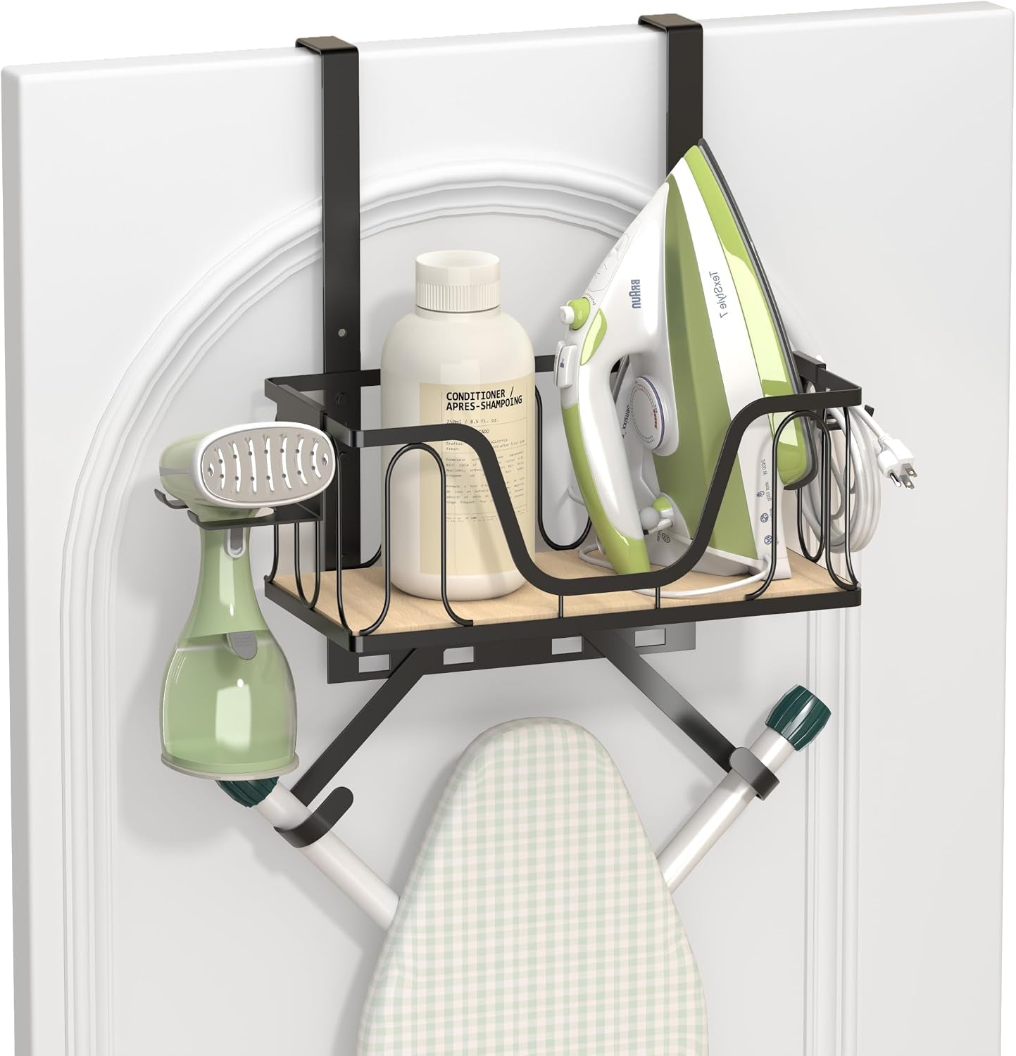 Ironing Board Hanger, 2 in 1 Wall-Mount & over the Door with High-Sided Basket and Side Hooks, Fits T and Y Shaped Legs, Space Saving Iron Holder for Laundry, Sewing Room Decor and Accessories,Black