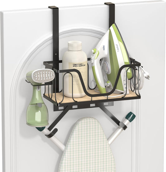 Ironing Board Hanger, 2 in 1 Wall-Mount & over the Door with High-Sided Basket and Side Hooks, Fits T and Y Shaped Legs, Space Saving Iron Holder for Laundry, Sewing Room Decor and Accessories,Black
