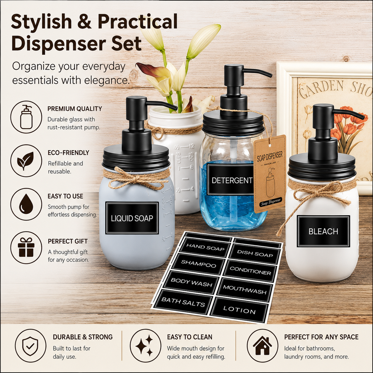 LIND Minimalist Laundry Jar Labels, applied to jars detail