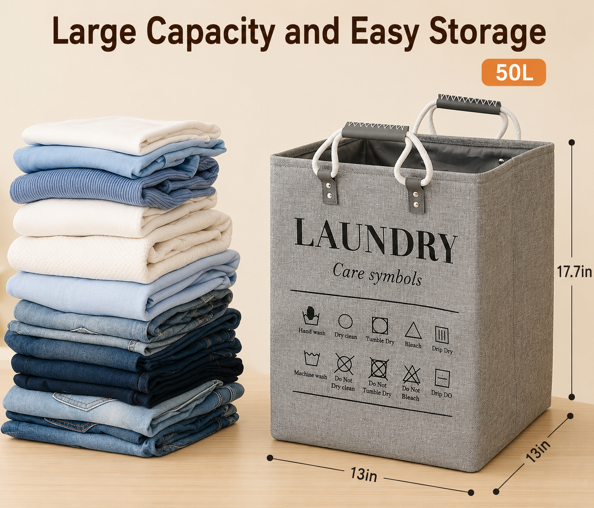 LIND Foldable Laundry Basket with handles, 50L, beige, product view