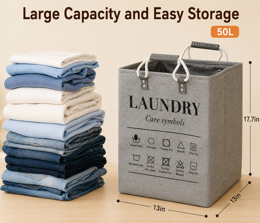 LIND Foldable Laundry Basket with handles, 50L, beige, product view