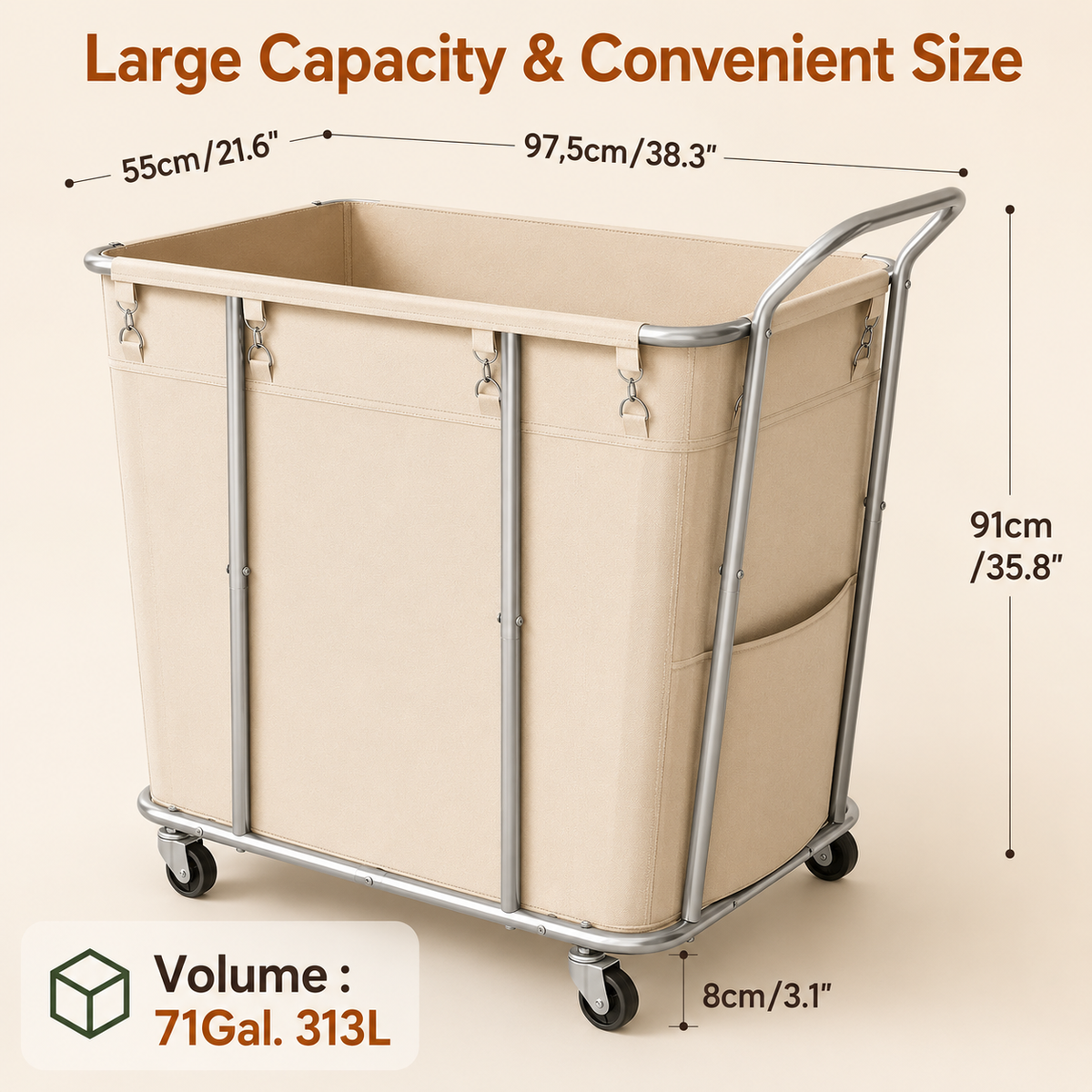 LIND Extra-Large Rolling Laundry Hamper, 313L, beige, product view