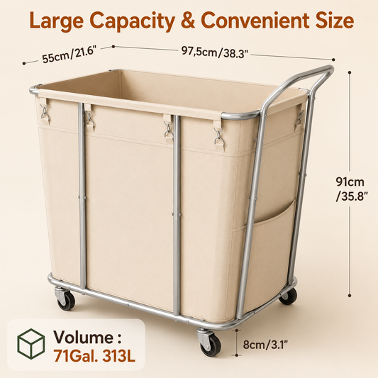 LIND Extra-Large Rolling Laundry Hamper, 313L, beige, product view