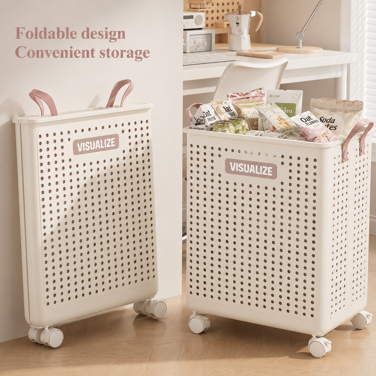 Slim Foldable Laundry Hamper on Wheels — styled room view