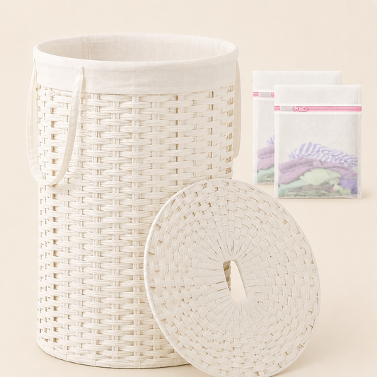 LIND Round Wicker Laundry Hamper with lid, 130L, white
