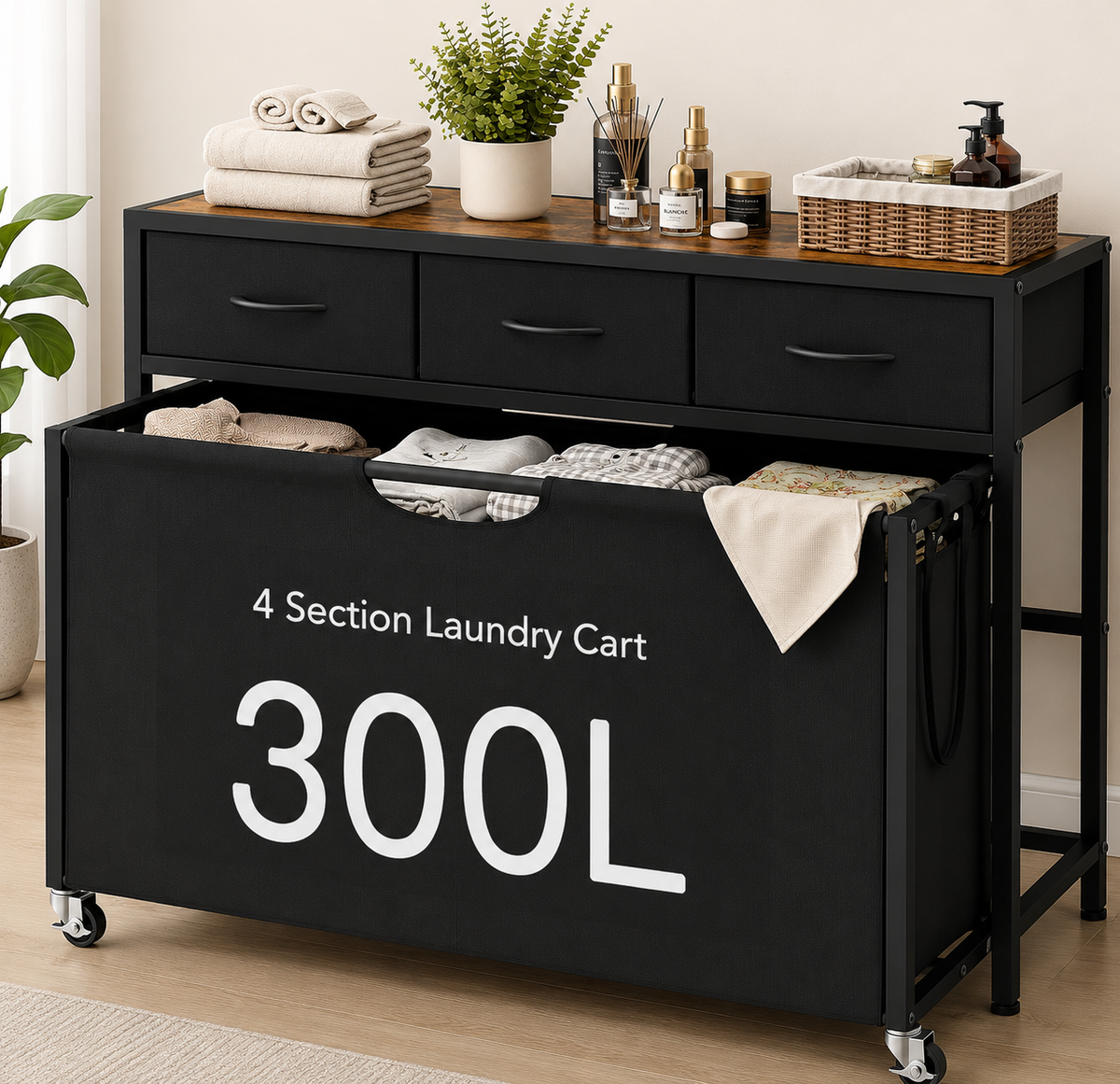 LIND 4-Section Laundry Sorter with storage drawers, 300L capacity