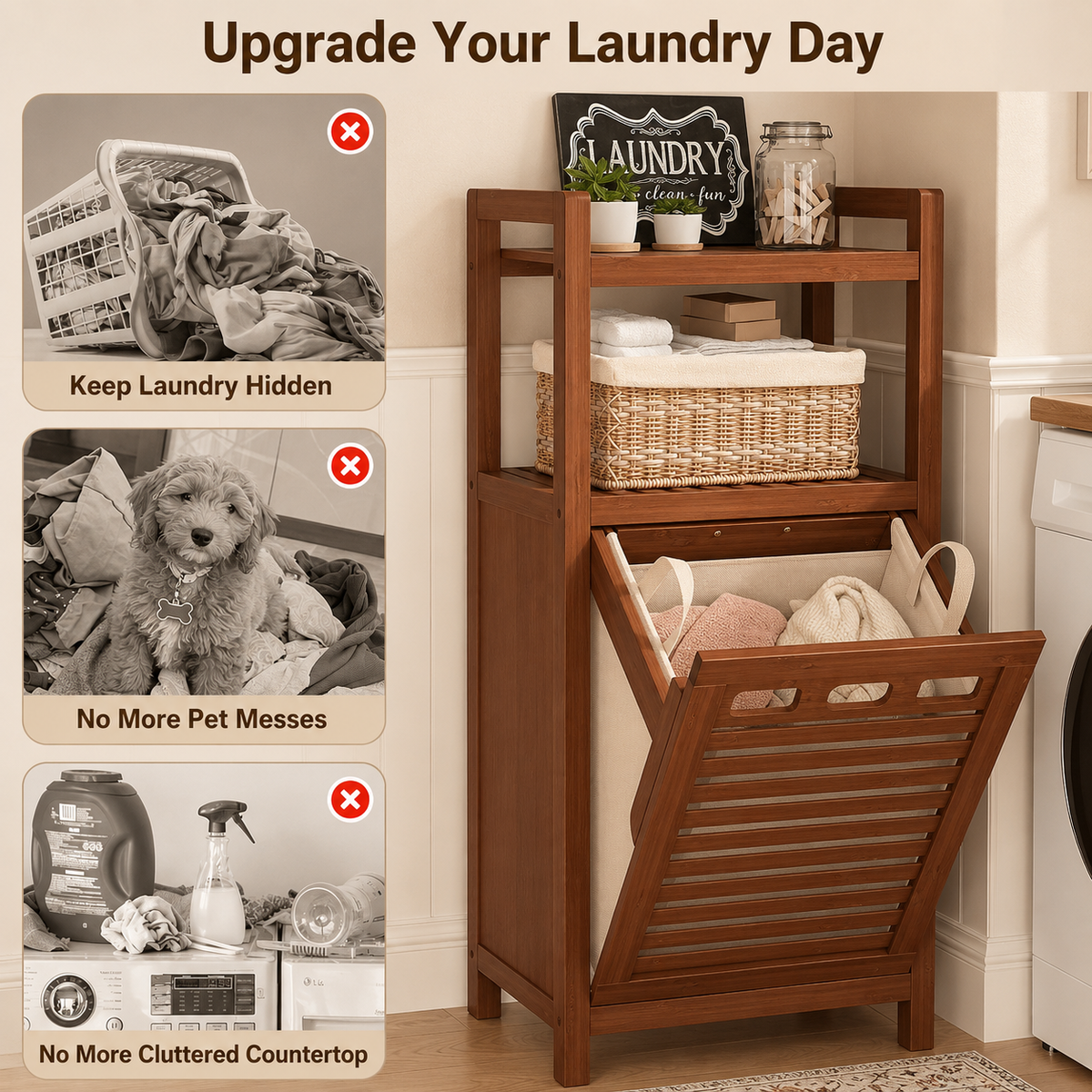 Tilt-Out Laundry Hamper Cabinet, Walnut — side view
