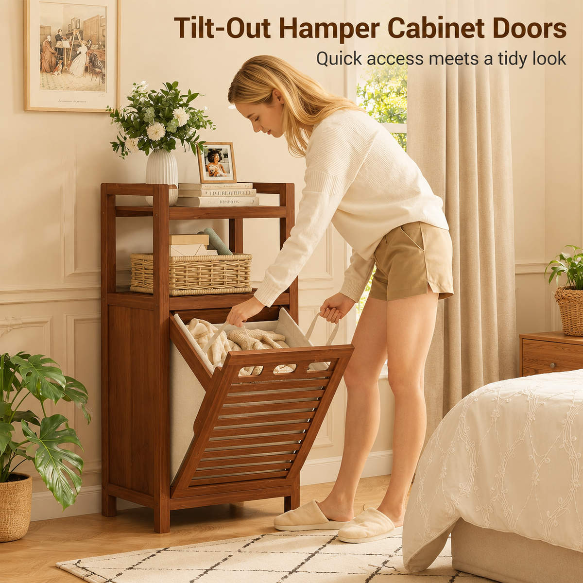 Tilt-Out Laundry Hamper Cabinet, Walnut — storage detail