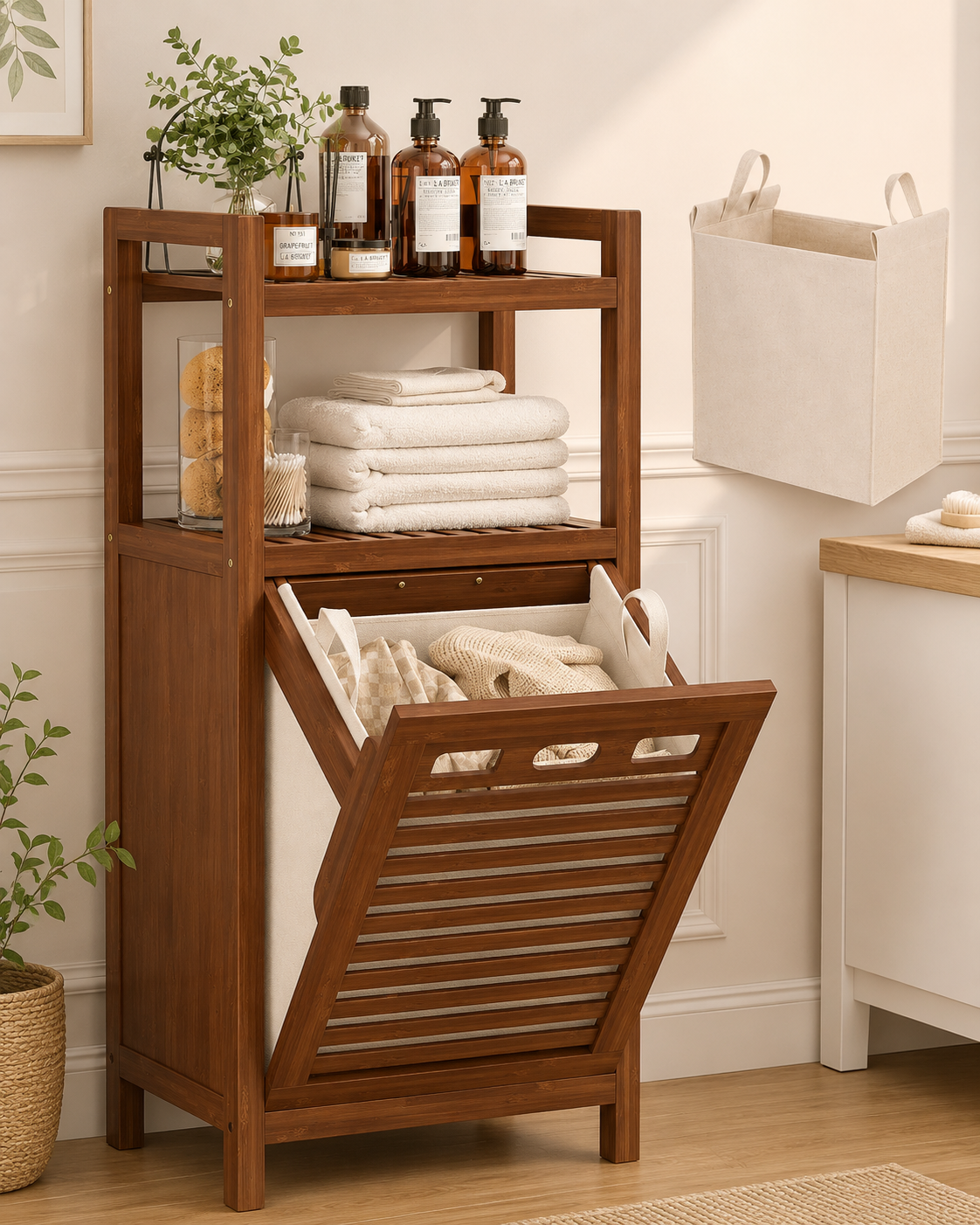 LIND Tilt-Out Laundry Hamper Cabinet, walnut, product view