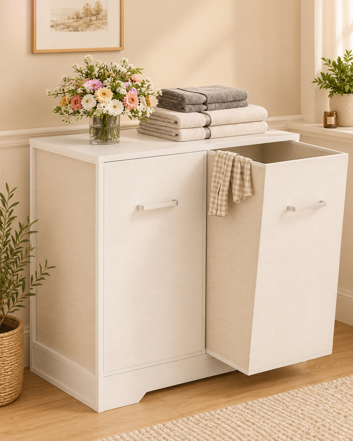 LIND Double Pull-Out Laundry Hamper Cabinet in white, 120L capacity