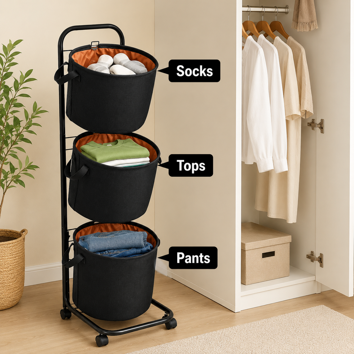 LIND 3-Tier Rolling Laundry Sorter, feature detail