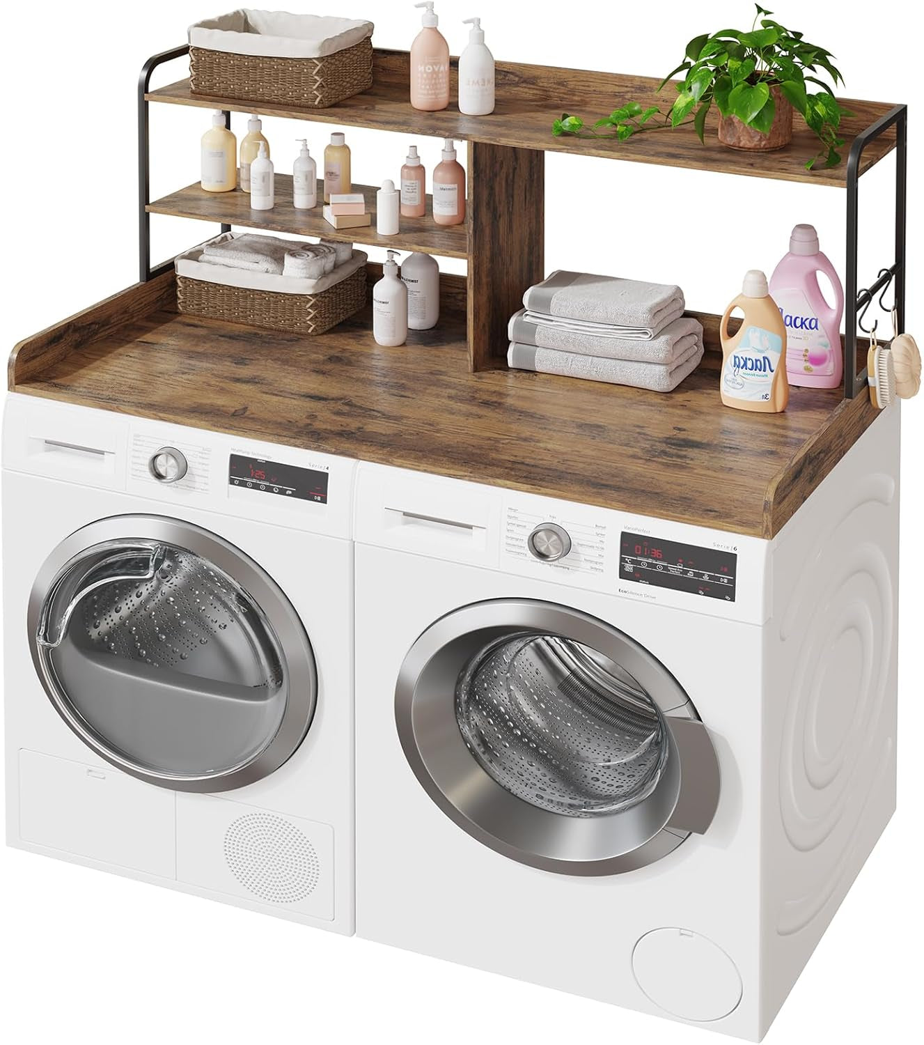 Washer and Dryer Countertop with Shelves, 54" X 27.56" 3 Tiers Large Laundry Topper with 2.95" Edge Rails, Laundry Room Storage and Organization with 2 Hooks and Non-Slip Pads
