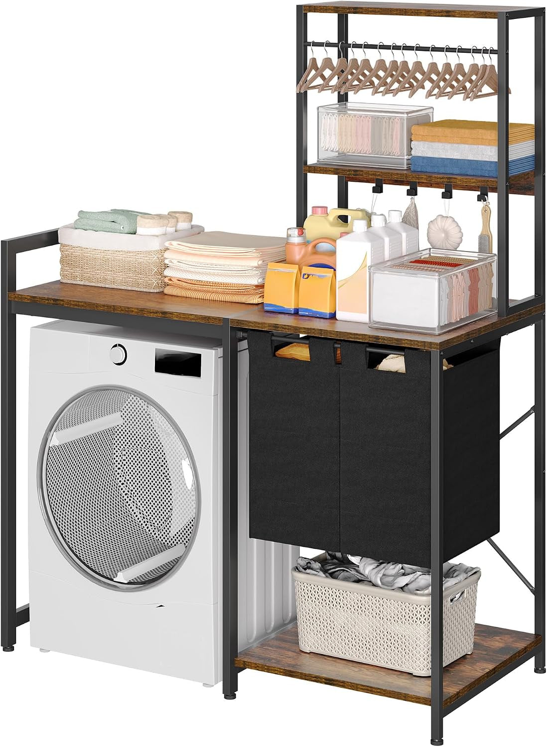 over Washer and Dryer Shelves, Laundry Room Organization with Removable Pull-Out Hamper, Hanging Rods, Metal Hooks, Heavy-Duty Laundry Countertop with Non-Tipping Kits, Retro Color