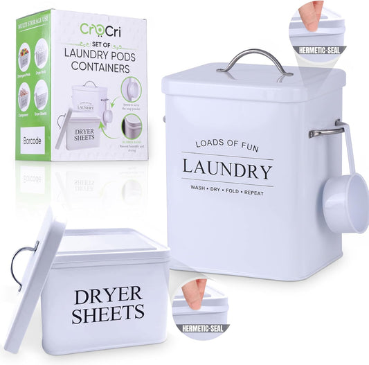 Metal Laundry Detergent Container Set for Powder, Pods and Dryer Sheets, 2 Galvanized Canisters with Scoop, Airtight Silicone Gasket Lids, 10 Lb Capacity, White